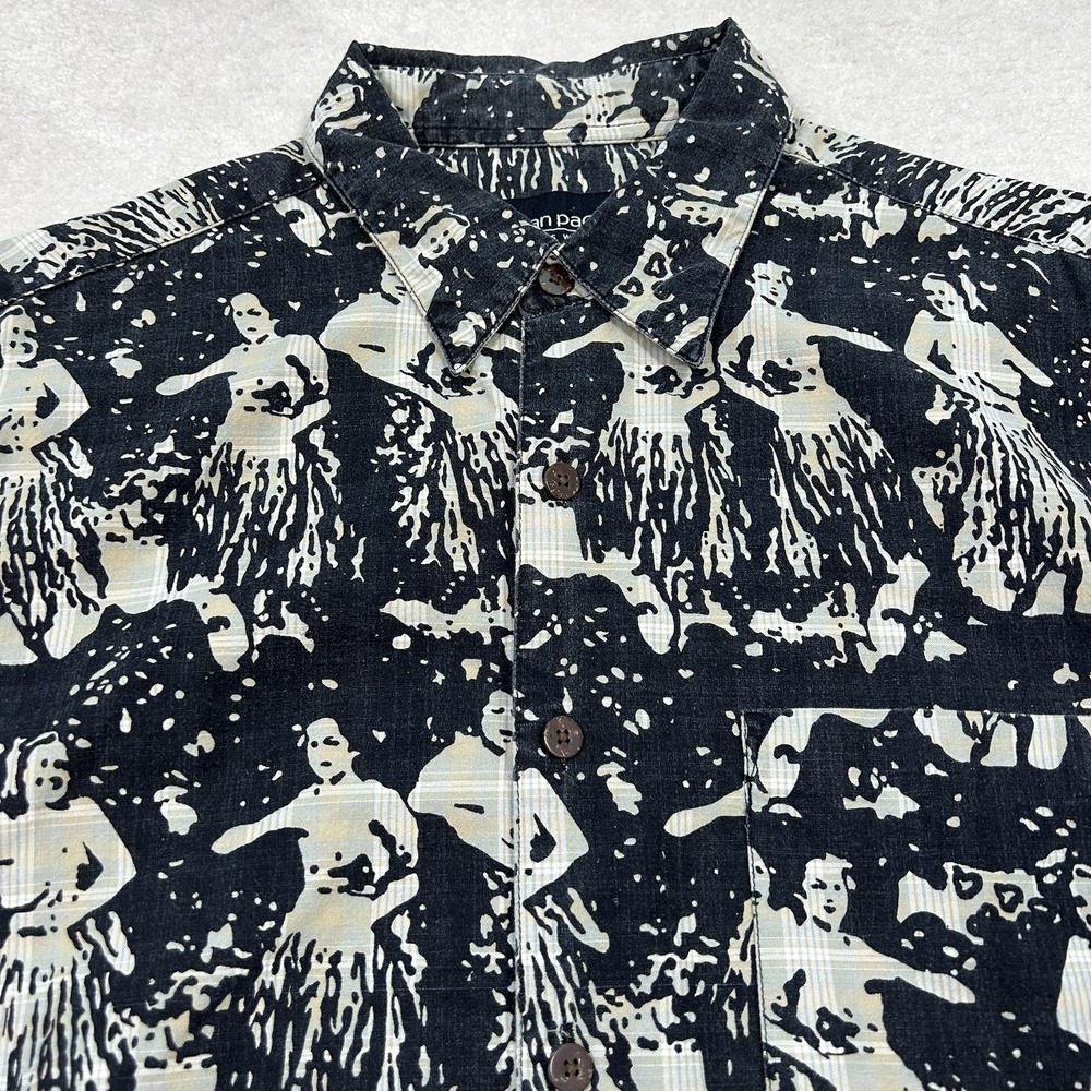 Vtg 90s Ocean Pacific OP Hawaiian Shirt Mens Large Hula Girl Button Up AOP